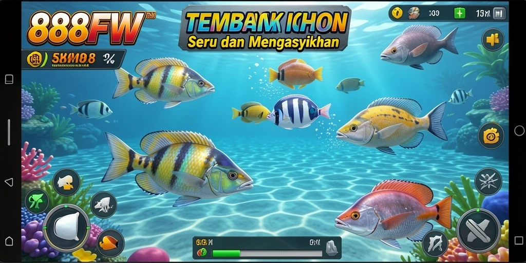 Screenshot gameplay menampilkan aksi menembak ikan di bawah laut.