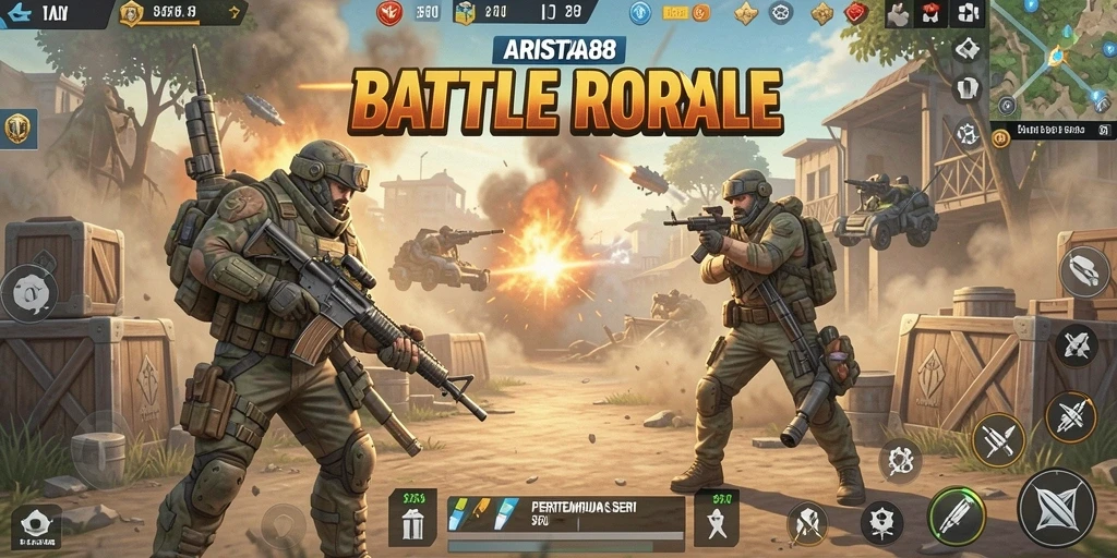 Screenshot utama ARISTA88 menunjukkan aksi mendebarkan dalam permainan Battle Royale.