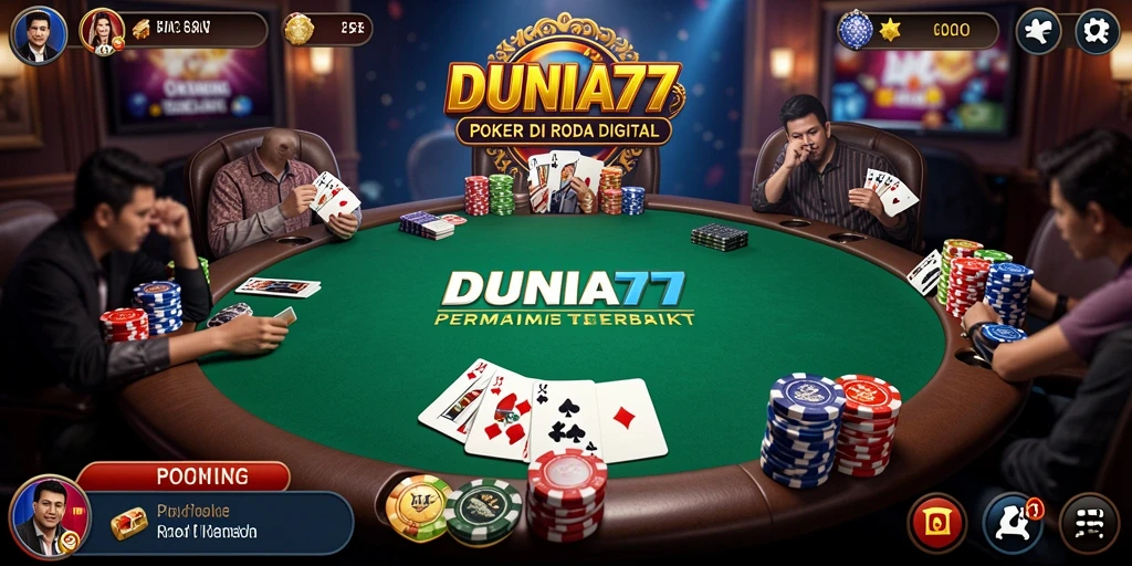 Screenshot DUNIA77 menunjukkan aksi intens dalam permainan Poker.