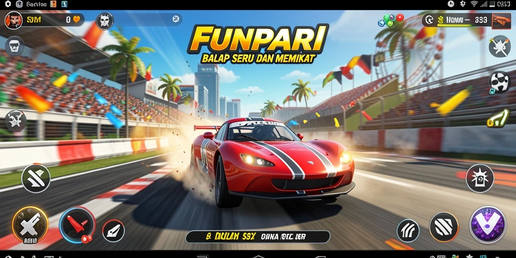 Screenshot dari gameplay FUNPARI dengan aksi balap seru.