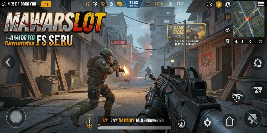 Screenshot utama MAWARSLOT menunjukkan aksi tembak-menembak yang intens.
