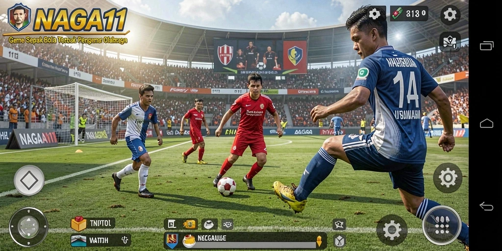 Tampilan utama gameplay NAGA11 dengan aksi sepak bola yang mendebarkan.