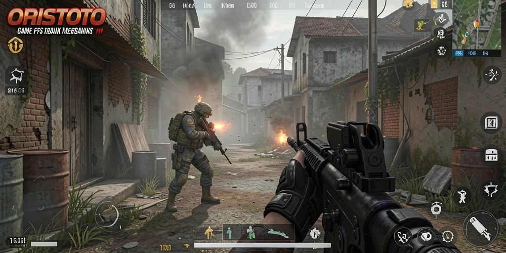 Screenshot gameplay ORISTOTO menunjukkan aksi tembak-menembak yang menegangkan.
